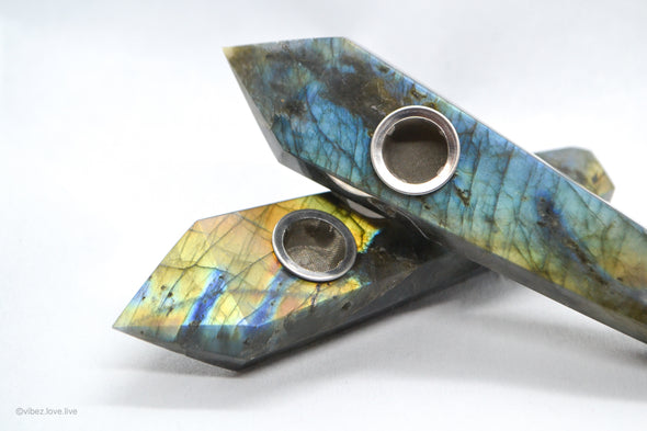 Hand Carved Crystal Smoking Pipes with Metaphysical Properties, Labradorite Quartz Pipes