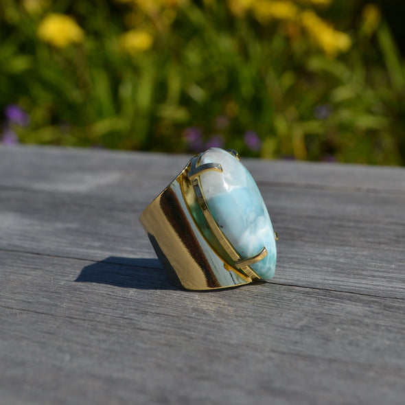 Larimar Ring, Statement Ring, Gemstone Ring, Handmade Ring, Boho Ring, Stone Ring, Designer Ring, Women Ring, Gift For Her, This is a classy fine hand-crafted sturdy Larimar Ring, Larimar Cabochon Flat, back Gemstone, Top Quality Designer,  Larimar Gemstone, Jewelry Making Dominican Larimar