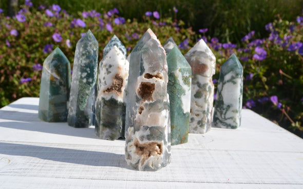beautiful Moss Agate tower with juicy druzy 