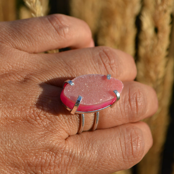 Pink Agate with Druzy Ring