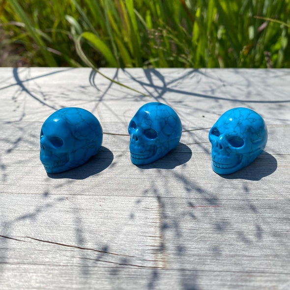 turquoise howlite crystal skulls, blue skulls, carved skulls