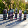 Beautiful rainbow colourful fluorite mini tower . purple and teal with stripe
